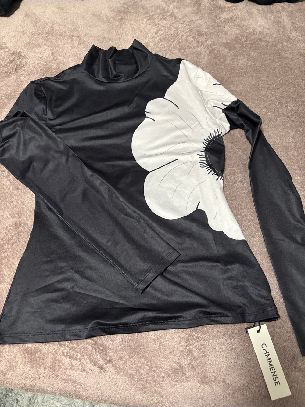 Commense Black Long Sleeve Mock Neck Top with White Floral Accent